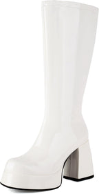 Women's Gogo Boots Knee High Platform Chunky Heel Square Toe Patent Leather 70s Disco Costume Boots for Party Halloween Cosplay