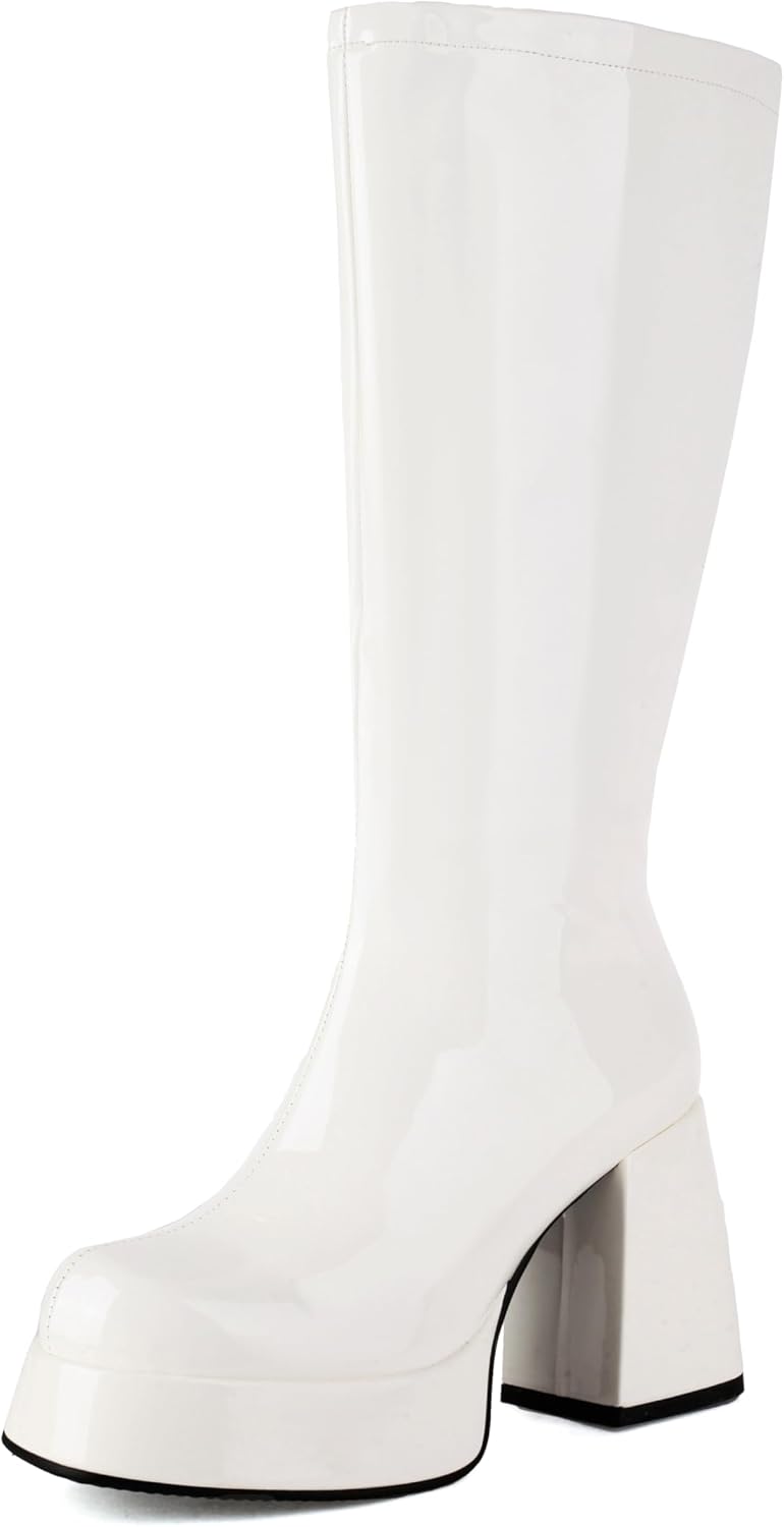 Women's Gogo Boots Knee High Platform Chunky Heel Square Toe Patent Leather 70s Disco Costume Boots for Party Halloween Cosplay