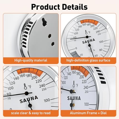 Sauna Thermometer Fahrenheit and Hygrometer 2-in-1 - Precise Indoor Humidity Temperature Monitor Gauge Sauna Accessories, Mechanical Metal Hygrothermograph Meter for Bathroom Steam Infrared Sauna Room