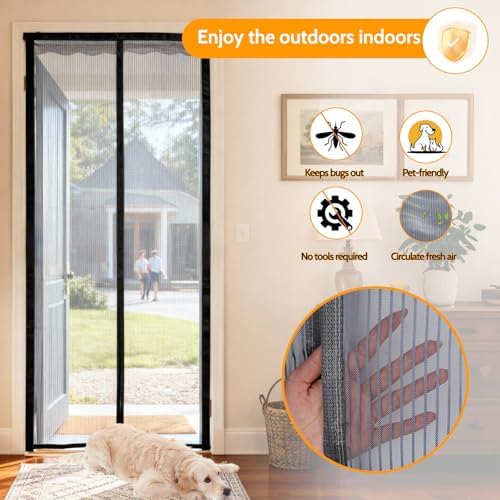 Magnetic Screen Door mesh, Door Screen Magnetic Closure Curtain, Heavy Duty, Works with Front, Sliding Doors, Keep Open Feature 36inch*82inch