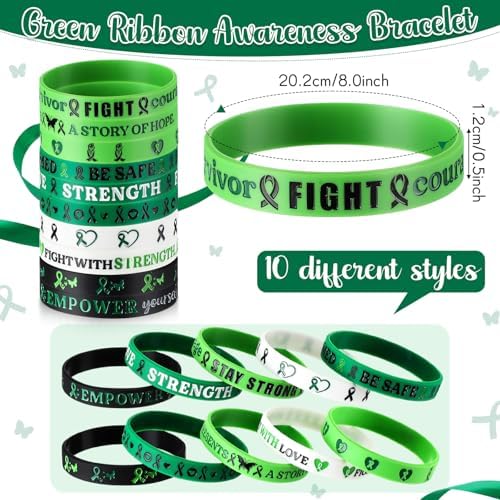 50 Pcs Mental Health Awareness Bracelets Bulk Green Ribbon Silicone Wristband Motivational Green Bracelets Rubber for Men Women Mental Health Awareness Month Gifts