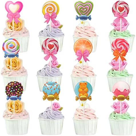 yueton 24PCS Candyland Cupcake Toppers Lifelike Lollipop Candy Ice Cream Cake Toppers Cute Sweet Cupcake Decorations for Candyland Theme Birthday Party Baby Shower Wedding Christmas