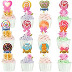 yueton 24PCS Candyland Cupcake Toppers Lifelike Lollipop Candy Ice Cream Cake Toppers Cute Sweet Cupcake Decorations for Candyland Theme Birthday Party Baby Shower Wedding Christmas