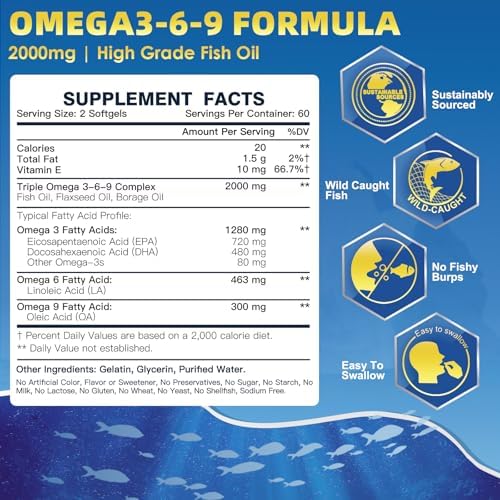 Triple Omega 3-6-9 Fish Oil 2000mg with Vitamin E - EPA & DHA Fatty Acids Supplement - Supports Heart, Brain, Eye, Skin & Immune Health - Includes Flaxseed & Borage, Non-GMO, 120 Softgels