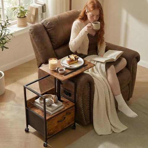 Faesun Swivel Lift Top Nightstand with Charging Station, Rolling Side Table for Recliner, Bedside Table with Wheels & a Fabric Drawer, for Small Spaces, for Bedroom, Living Room, Brown