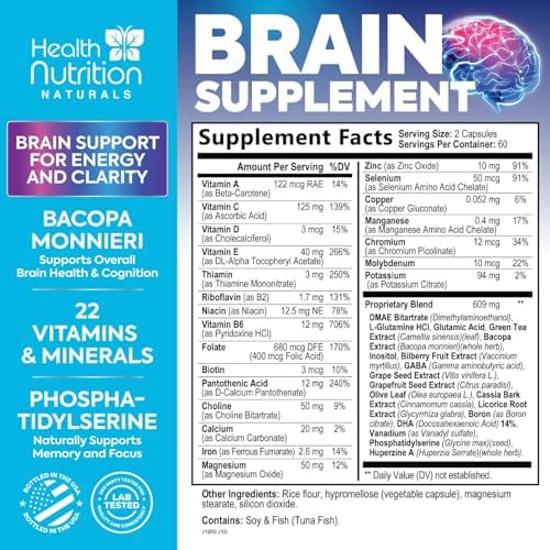 Brain Memory Supplement - 3X Strength Nootropics for Concentration, Clarity & Focus Support - Brain Health Cognitive Vitamins with Bacopa, Phosphatidylserine & DMAE, Brain Booster, 120 Capsules