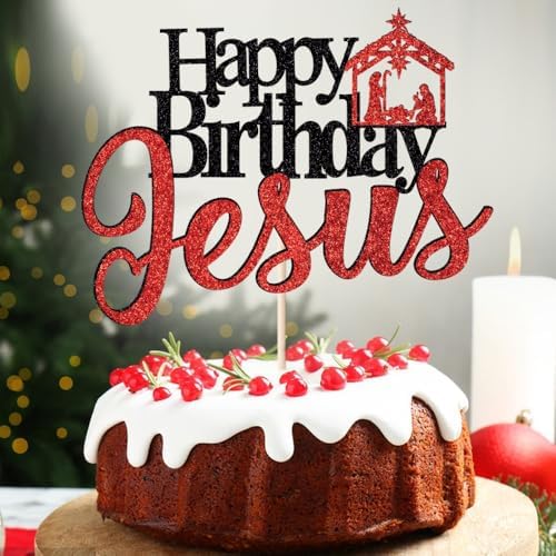 Happy Birthday Jesus Cake Topper Glitter Jesus Birthday Cake Pick Merry Christmas Cake Decorations for Nativity Scene Christmas Birthday Party Supplies (Black Red Jesus)