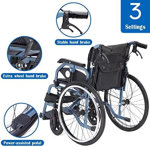 Medwarm Foldable Lightweight Wheelchairs with Handbrakes for Adults, Weights Only 30 lbs, Transport Wheelchairs with Flip Up & Height Adjust Armrest (22inch Rear Wheel)