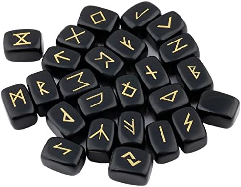 rockcloud Black Obsidian Rune Stones Tumbled Engraved Lettering Crystal Set for Wicca Crystals Healing Chakra Reiki