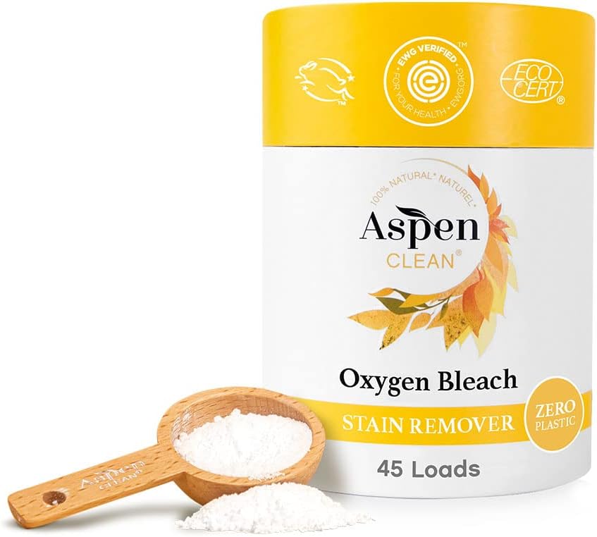 AspenClean | Unscented Oxygen Bleach Powder | Color Safe Laundry Stain Remover | Bleach Alternative | EWG Verified™, Hypoallergenic, Non-Toxic | 45 Loads