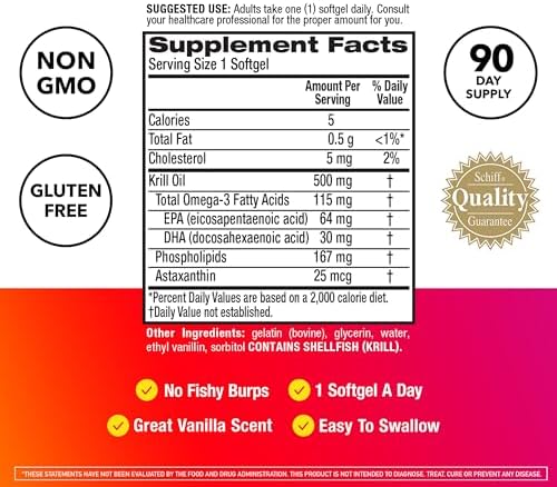 MegaRed Antarctic Krill Oil 500mg Omega 3 Fatty Acid Supplement, Extra Strength EPA & DHA Krill Oil Softgels (90cnt Box), Astaxanthin, Heart Health Supplement with No Fish Oil Aftertaste