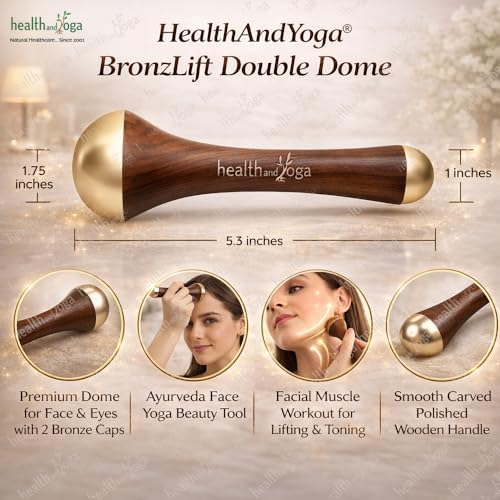 HealthAndYoga™ BronzLift Kansa Wand - Both Side Bronze Cap - Added Beauty Face Oil Vial - Ayurveda Face Yoga Beauty Tool - Facial, Neck & Under-Eye Massage – Toning and Sculpting (Double Dome)