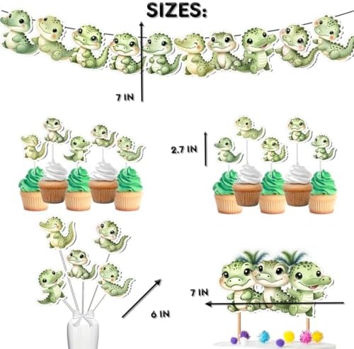 Complete Crocodile Party Set - Includes Cake Toppers, Cupcake Toppers, Banner, and Centerpieces for Jungle-Themed Kids Birthdays and Baby Showers