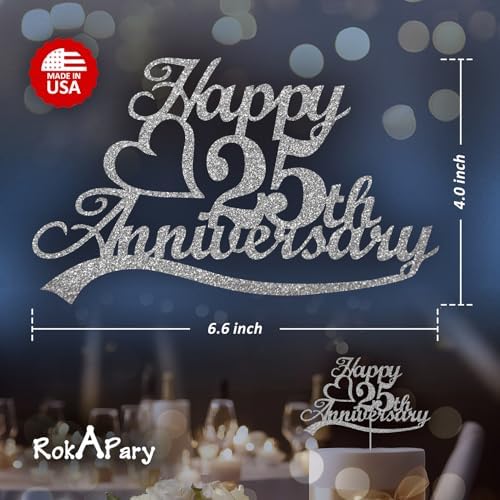 25th Anniversary Cake Topper Silver Glitter, 25 Wedding Anniversary Party Decoration Ideas, Premium Quality, Sturdy Doubled Sided Glitter, Acrylic Stick. Made in USA (25th Silver)