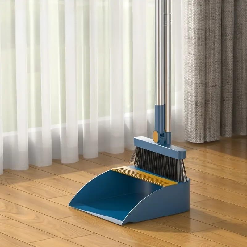 2-in-1 Broom with Dustpan Combo Set,Long Handle Broom Dustpan Combo with Dustpan Teeth to Automatically Clean Hair for Home, Indoor or Outdoor Cleaning Hall Floor (Blue)