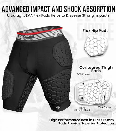 Exxact Sports Elite 5-Pad Adult Football Girdle for Men with Cup Pocket, Padded Compression Shorts with Integrated Hip, Thigh, Tailbone Pads, Men's Girdle Football
