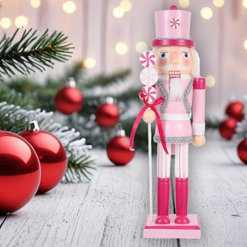 Christmas Nutcracker Ornament ，15inch King Soldier Nutcracker Suitable for Table, Fireplace Decoration Christmas Party Supplies (Pink Lollipop)