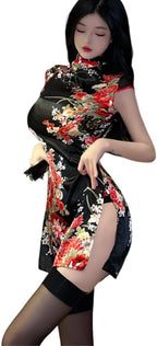Women's cosplay sexy high slit cheongsam underwear lace mesh velvet Chinese dress