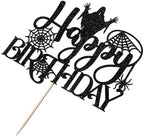 1 PCS Halloween Happy Birthday Cake Topper, Spider Terror Spooky Haunted House Black Glitter Cake Supplies, Creepy Birthday Themed Party Decoration Supplies