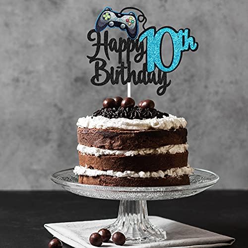 Video Game Happy 10th Birthday Cake Topper - Video Game Boy's 10th Birthday Party Blue Cake Supplies - Game On Level Up Winner Party Decoration