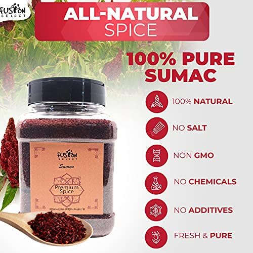 Fusion Select 100% Pure Sumac Spice, 100% Natural Sumac Powder | No Salt | Non-GMO | Middle Eastern Spices | Sumac Seasoning | Double Lids Jar (7 Ounce)