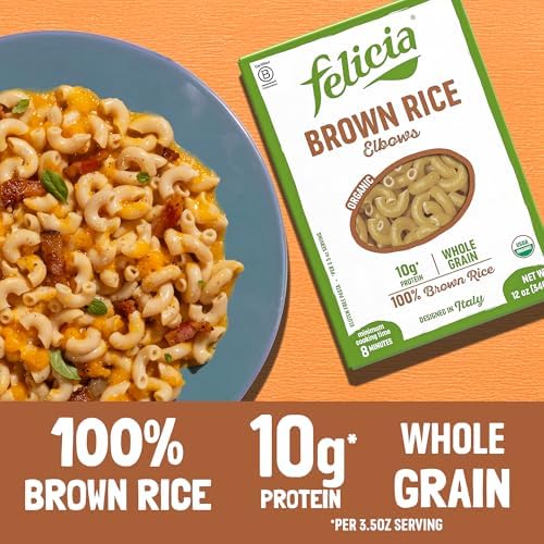 Felicia Gluten Free Pasta, Brown Rice Elbows, 10G Protein per Serving, Organic Whole Grain Noodles Made With 100% Brown Rice, Designed in Italy, Plant Based, Non GMO, 12 Oz, 6 Boxes
