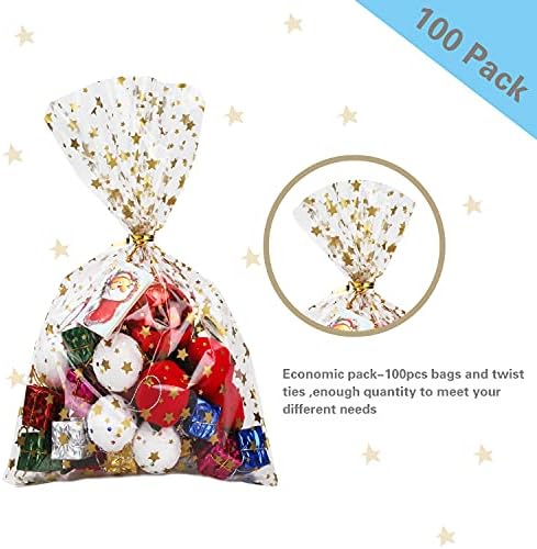 100 Pcs Star Printed 4"X 9" Gift Wrap Cello Cellophane Treat Bags Party Favor bags Clear Candy Cookie Bags Plastic Poly Goodie Storage Bags with Twist Ties for Bakery,Birthday, Wedding ,Party Decorations (Gold)