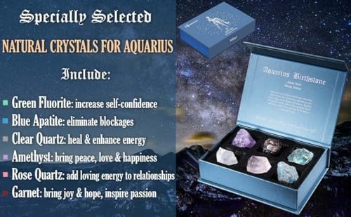 Faivykyd Aquarius Crystals Gift for Women - 6 Aquarius Zodiac Stones w/ 50 Miracle Mantras Affirmation Cards, Healing Astrology Gifts for Promoting Positive Energy, Self-Care & Love