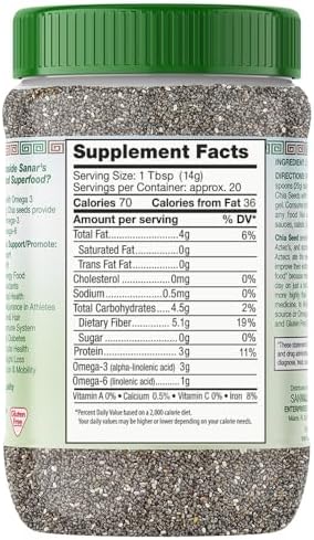 Sanar Naturals Chia Seeds, 10 oz | High Fiber, Omega 3, Plant Based Protein, Raw Black Chia Seeds, Vegan, Non GMO, Gluten Free, Superfood for Smoothies, Oatmeal, Baking, GLP-1 Support