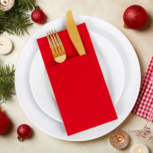 KAMMAK Red Napkins Disposable Dinner Paper Napkins with Pocket 100 Pack Cloth Like Folded Wedding Reception Napkin Guest Hand Towels for Party Decoration, Bathroom, Kitchen, Hotel (16.5 x 16.5 inch)