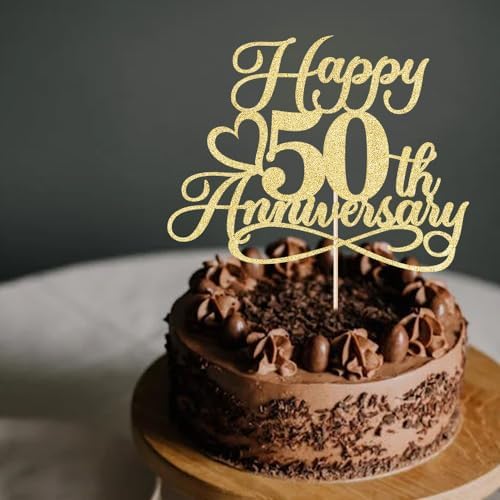 Golden Glitter Happy 50th Anniversary Cake Toppers - Wedding & Company Anniversary Party Decorations, Birthday Party Decorations (Gold)