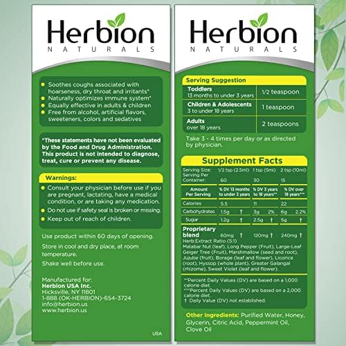 HERBION Naturals Cough Syrup with Honey, Relieve Cough & Soothes Sore Throat, Optimizes Immune, Promotes Lung Function, for Adults & Kids 13 Months, 5 Fl Oz, Pack of 3