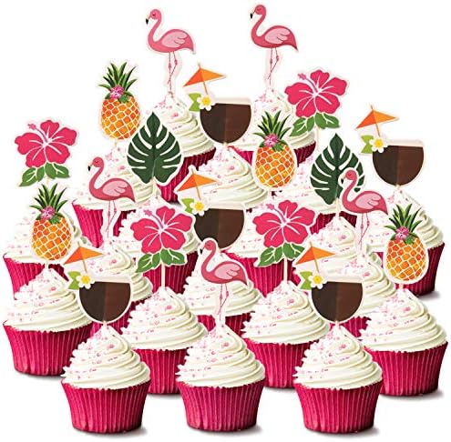 Luau Cupcake Toppers Tropical Cake Decorations Hawaiian Toothpicks Sticks with Flamingo Pineapple Palm Leaves Shape Picks for Summer Beach Theme Party Favors Supplies, 6 Styles (72)