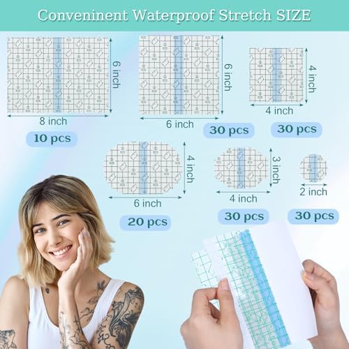 Geiserailie 150 Pcs Waterproof Bandage Adhesive Protective Clear Dressing Tape for Tattoo Shower Patch Variety Pack Film Cover Aftercare Transparent Stretch Adhesive for Swimming Shower