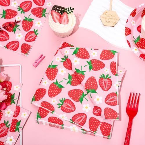Whaline 80Pcs Strawberry Paper Napkins Fruit Disposable Napkins Red Pink Luncheon Dinner Table Napkin for Wedding Birthday Baby Shower Party Supplies