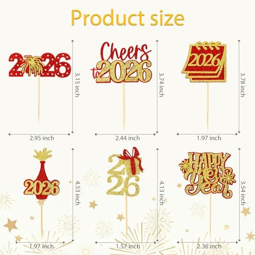 24 Pcs Happy New Year Cupcake Toppers Glitter 2026 Cupcake Picks Fireworks Hello 2026 Cake Decorations for Cheers to New Year Party Supplies (Red & Gold)