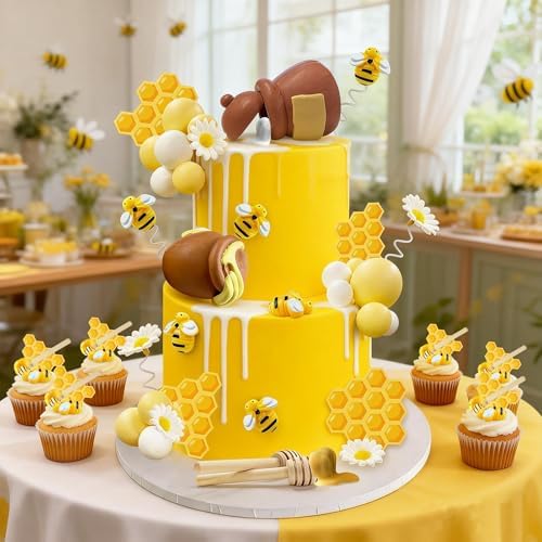 52 PCS Honey Jar Cake Topper Bee Cake Toppers for Baby Shower Bee Theme Birthday Party Decoration Supplies