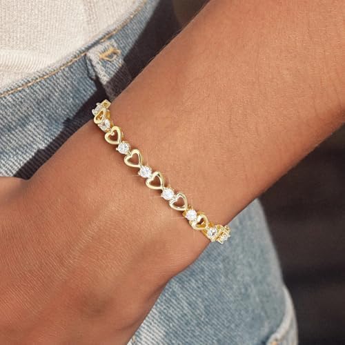 Tennis Bracelet for Women - 14K Gold Plated Heart Cubic Zirconia Bracelet, Dainty Trendy Anniversary Birthday Christmas Jewelry Gift for Her