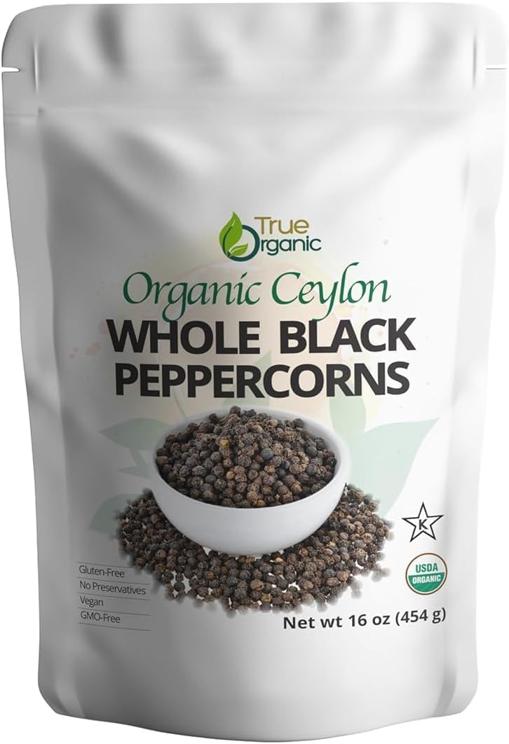 True Organic Black Peppercorns, 1 lb, Steam Sterilized, USDA & Kosher Certified, Premium Grade, Gluten-Free Non-GMO Peppercorns Whole, Perfect for Grinder Refill [ Bulk, 16 oz ]