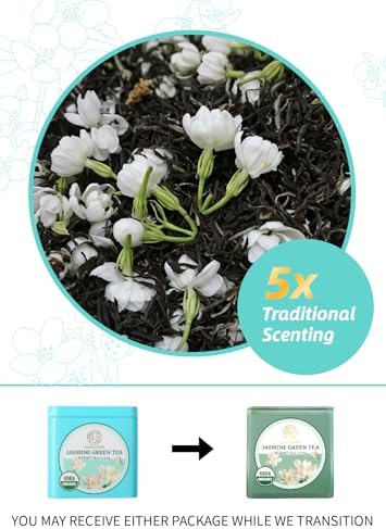 Essencesip Organic Jasmine Green Tea Loose Leaf, 4oz Tin – Scented 5x with 6,000 Fresh Jasmine Blossoms, Low Caffeine, Antioxidant-Rich