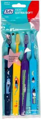 TePe Kids Toothbrush, Extra Soft Kid and Toddler Toothbrush for Ages 3+, 4 Pack