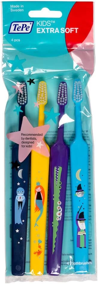 TePe Kids Toothbrush, Extra Soft Kid and Toddler Toothbrush for Ages 3+, 4 Pack