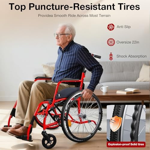 Wheelchairs for Adults, WHLICKS Premium Comfortable Transport Wheelchair Lightweight Foldable，25lb Portable Transfer Chair for Seniors with Swing-Away footrests and Anti Tipper, 264lb Capacity
