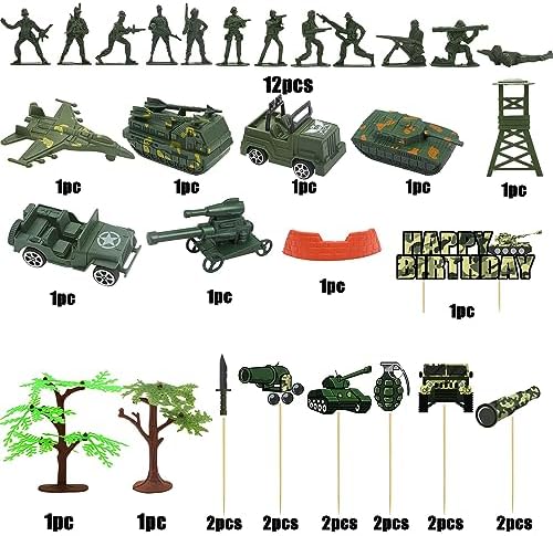 35pcs Camo Cake Cupcake Toppers Camouflage Cake Decorations Army Military Party Supplies with Camo Happy Birthday Cake Topper Army Men Tanks Vehicles for Army Military Themed Party Boys Girls Veteran