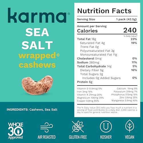 Sea Salt Cashews with Skin by Karma Nuts, Whole, Roasted, Vegan, Gluten Free, Low Net Carb, Natural, Everyday Nut Snack, 1.5 Ounce (12 Snack Packs)