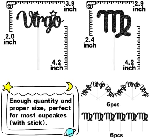 12Pcs Virgo cake topper, Big Virgo Energy/Virgo Season Cake Decor, 12 constellation Virgo August September Birthday Cupcake Decoration, Horoscope Astrology Birthday Party Supplies, Black Glitter