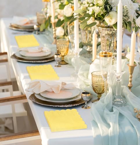 HEIPINIUYE 50 Pieces 3-ply Light Yellow Napkin Disposable Scalloped Cocktail Napkins Beverage Napkins Dessert Napkins Paper Napkins for Wedding Birthday Party Paper Dinner Napkins