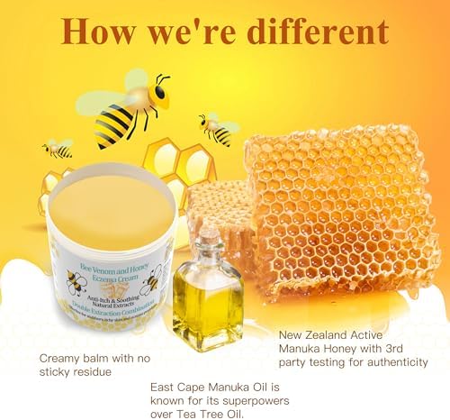 Manuka Honey & Bee Venom Eczema Cream, Natural Moisturiser, Plant Power, Relief Jock Itch, Eczema, Psoriasis, Athlete's Foot, Rashes, Hydrates Dry Skin, for Foot & Body