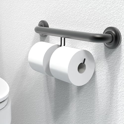 ADA Compliant Grab Bar with Toilet Paper Holder (2 Mega Rolls), 500lbs Weight Support, 1-1/4 x 16 inch for Stud Mount, Matte Black