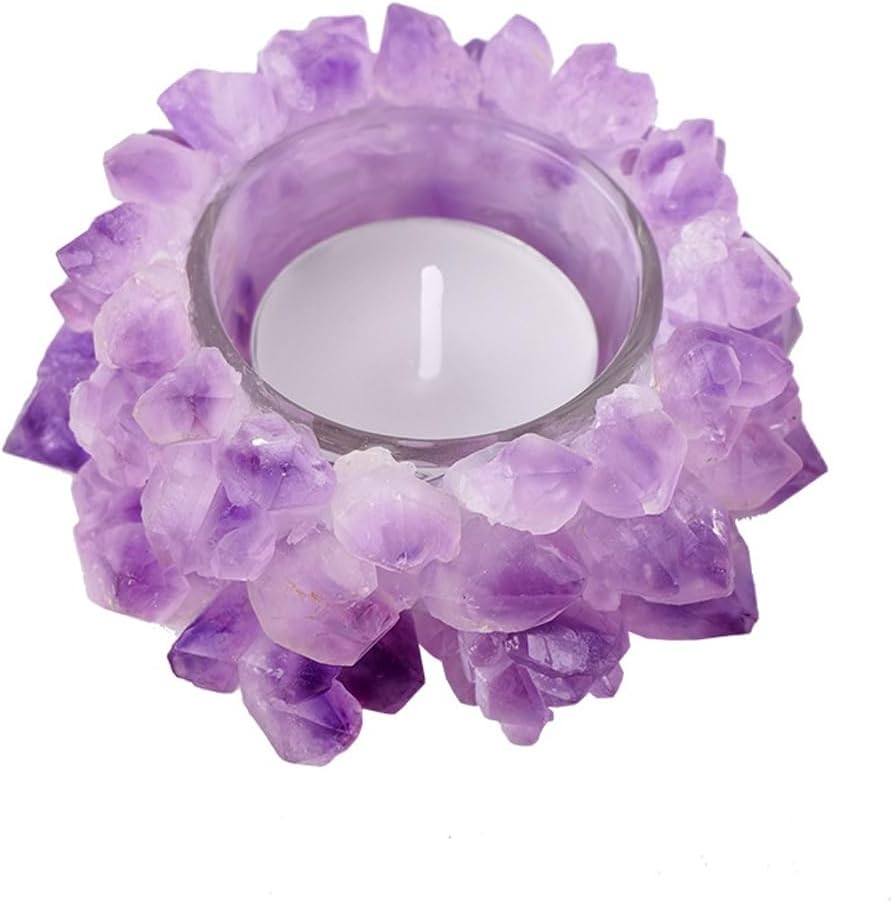 Natural Amethyst Cluster, Raw Crystal Tealight Candle Holder Crystal Stone Candle Stand High Energy Geode Votive with Healing Effects